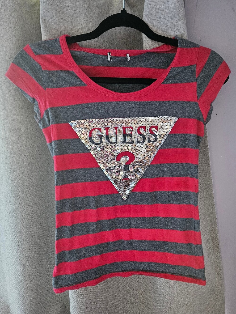 GUESS Red and Gray Striped Sequin Logo Tee
